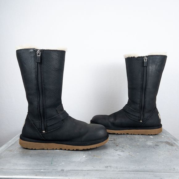 UGG Kensington Black Leather Biker Moto Boot Fur Lined - Picture 4 of 9